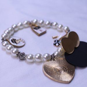 Handmade Elastic Pearl Beaded Bracelet/ With Black and Gold Plated Earrings.